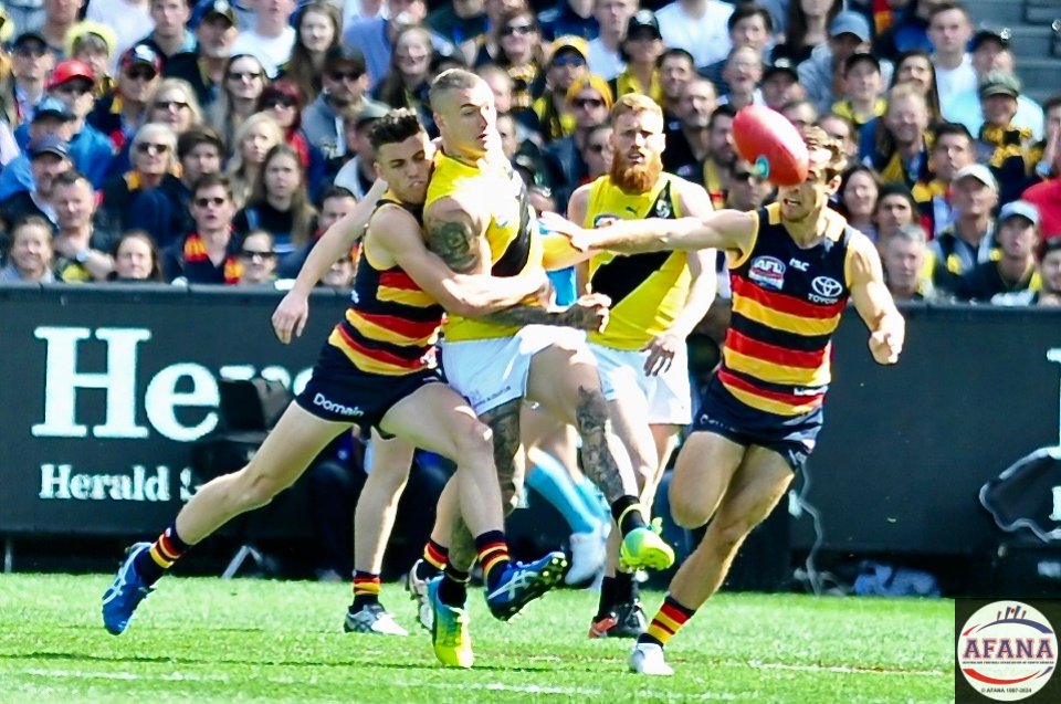 Dusty gets his kick away under pressure from the Crows midfield.