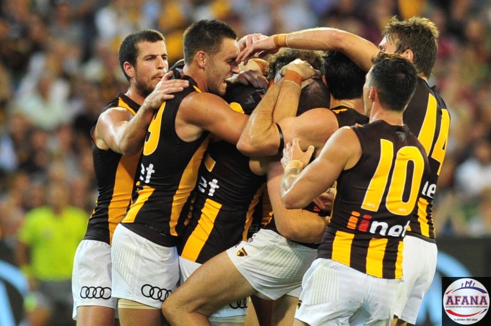 The Hawkes swamp Roughead after his first goal back