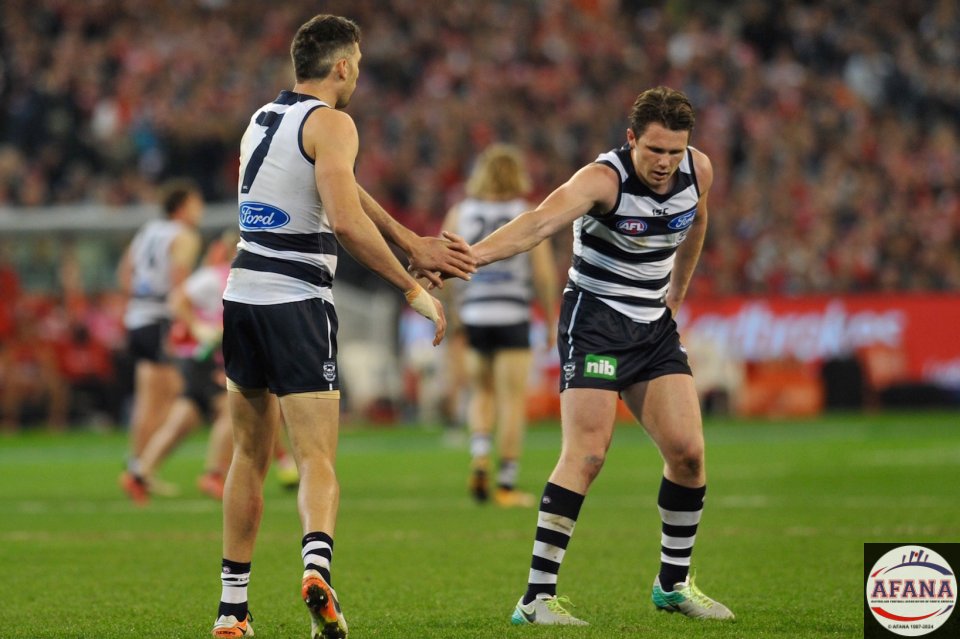 Dangerfield congratulates Taylor on his second goal