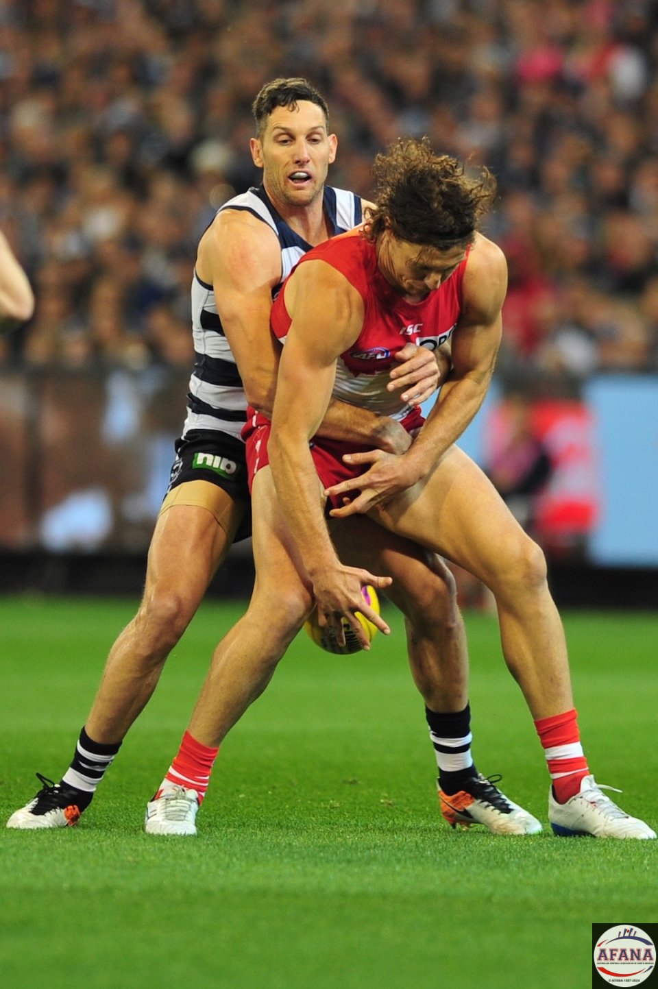 Tippett and Taylor contest the ball in