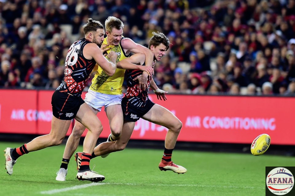Riewoldt scrambles for the ball.